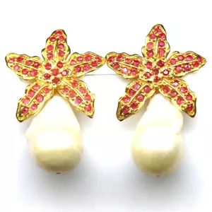 925 Sterling Silver White Baroque Pearl & Red Ruby Earrings 18K Gold Plated - Picture 1 of 4