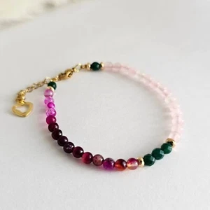 Fuchsia Achat+Smaragd+Rosenquarz und Hämatit Perlenarmband Karabiner Verschluss - Bild 1 von 4