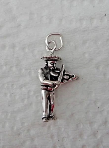 Sterling Silver 11x22mm Mariachi Man w/ Sombrero playing Violin Fiddle Charm - Picture 1 of 3