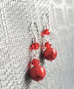 Lovely 8mm red Turquoise stone & 4mm Crystal Beaded 925Hook Womens Party Earring - Picture 1 of 4