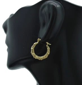 Real 10k Solid Yellow Gold Bamboo Hoop Earrings 18.1mm - Picture 1 of 5