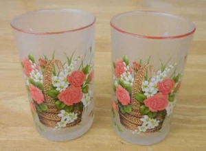 BRILIANT Frosted Juice Glass Tumbler w/Red Roses in Basket - Set of 2 - Picture 1 of 8