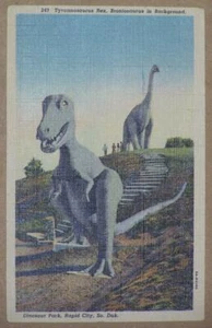 UNUSED LINEN PC, DINOSAUR PARK, RAPID CITY, SOUTH DAKOTA, T-REX, BRONTOSAURUS - Picture 1 of 2