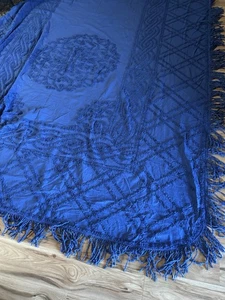Vtg MCM Chenille Bedspread Cobalt Blue Fringe  - Picture 1 of 3