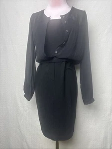 Theory Dress Black Ponte Knit Stretch Long Sleeve Mod Gathered Empire Waist - Picture 1 of 11