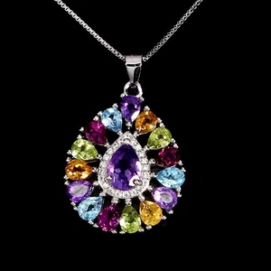 925 Sterling Silver Necklace Pear Amethyst Citrine Peridot Gemstone Jewelry 18in - Picture 1 of 14