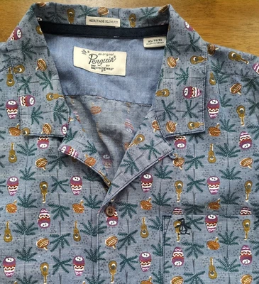 Camisa Original Penguin Heritage XL Tiki Ukelele Palma Algodón Gris Buttondown Logo Foto 1 de 4
