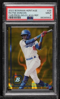 2022 Bowman Heritage Chrome Prospects Gold Lava Refractor /50 Rayne Doncon PSA 9 - Image 1 of 2