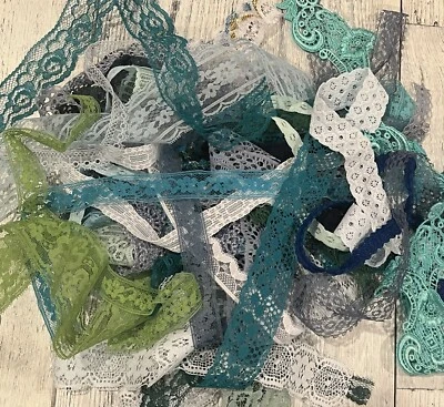 GREENS BLUES VINTAGE & CURRENT LACE TRIM BULK LOT SEWING CRAFT SNIPPET ROLL - Image 1 of 4