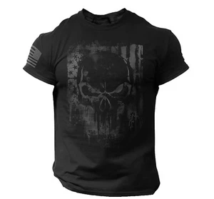 Men's Black Tactical Skull T-Shirt - Distressed American Flag Design, Patriotic - Picture 1 of 5