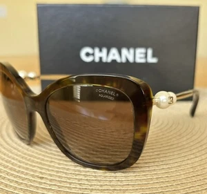 CHANEL Brown Tortoise Square Pearl Gold CC Polarized Women Sunglasses 5339 - Picture 1 of 8