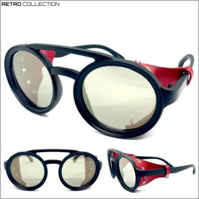 Herren Retro Steampunk Cyber Sonnenbrille Brille Rund Schwarz Rahmen Leder - Bild 1 von 4