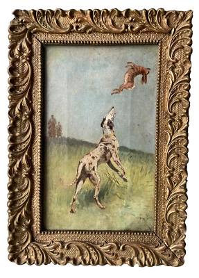 Pintura al óleo impresionismo francés del siglo XIX - Perro cazando una liebre Foto 1 de 4