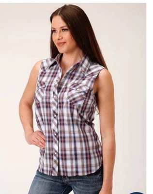 Roper Women’s Sleeveless Pearl Snap Wine Navy White Plaid Western Shirt 2XL Plus - Imagem 1 de 4