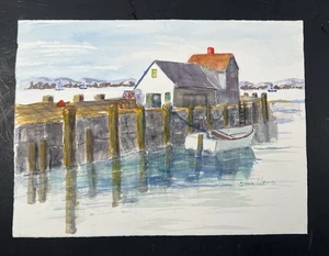 Diana P. Lewis Watercolor Rockport MA Harbor Dock Boat Scene 11x15” 1985 Signed - Picture 1 of 9
