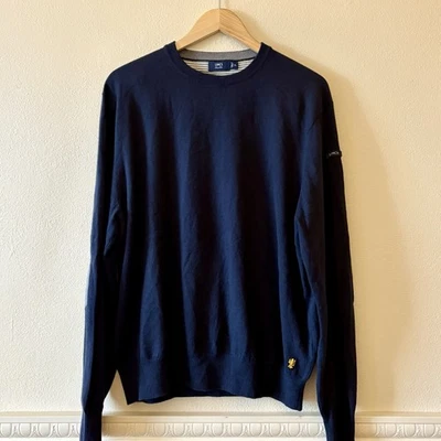 Lincs David Chu Men's Sweater XL Navy Blue Cotton Cashmere Elbow Patch Crew Neck - Image 1 of 4