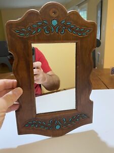 Vintage Arts and Crafts Mirror - Wood Frame Carved - Blue Painted