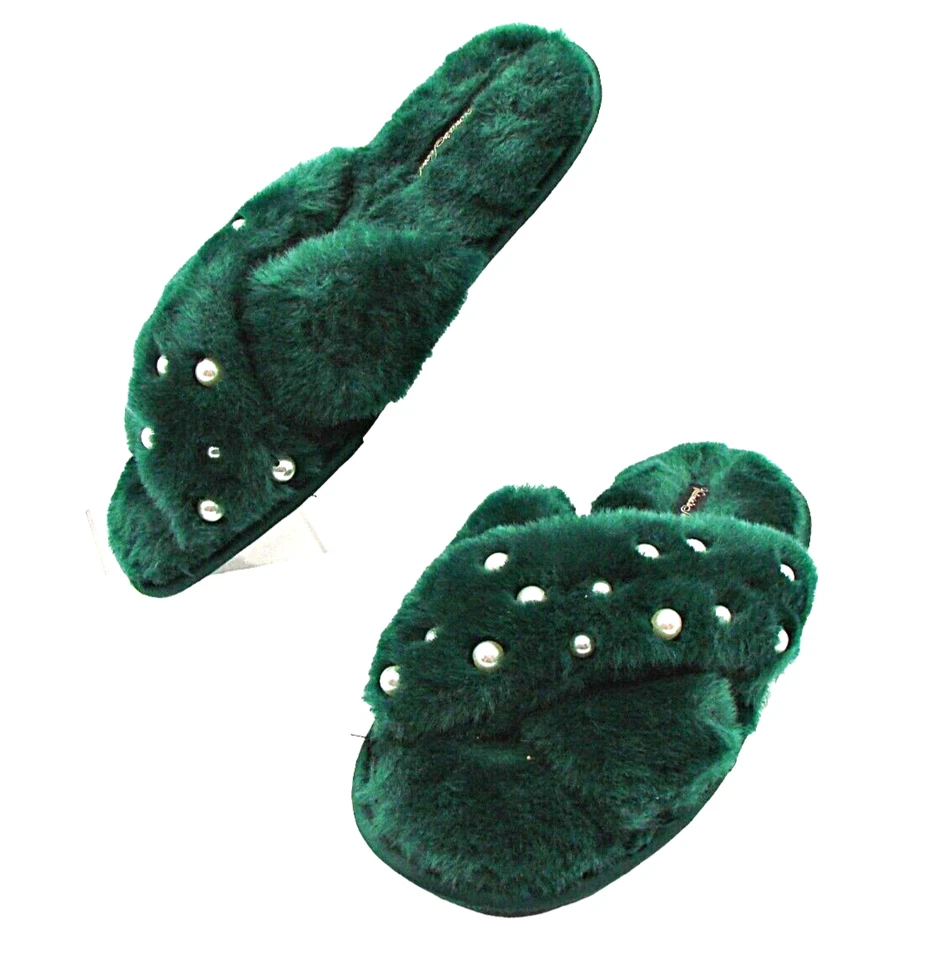 Victoria's Secret Green Slippers Womens Small Faux Fur Slides Pearl Accents Soft - Image 1 of 4