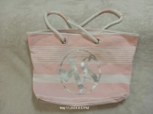 Victorias Secret Tote Bag Beach Pool Weekender Fringe Pink White Stripe Chain VS - Picture 1 of 5