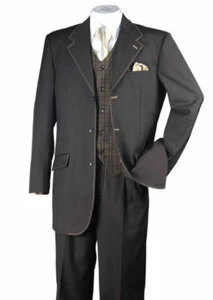 Men's 3 piece Fashion Suit w/Vest, Contrast Stitching, Waist Banding Design Top - Picture 1 of 9