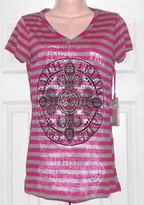 NEW! KATYDID RHINESTONE PINK & GRAY V-NECK TEE w/ FAITH & TRUST ~ S / 32" Bust - Picture 1 of 6