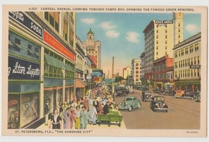 Pheil Hotel Kress Store Central Ave ST  PETERSBURG FL Green Bench Postcard Linen - Picture 1 of 2