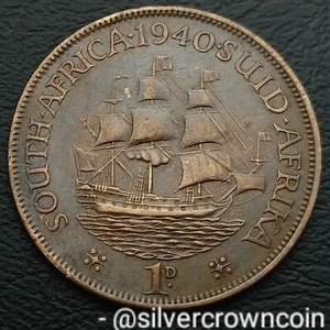South Africa 1 Penny 1940. KM#25. One Cent coin. Dromedaris Sailing Ship. WWII. - Picture 1 of 7