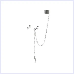 STR Plata Transparente Circonio Pendiente de Poste de Cristal CZ con Cadena Colgante Hoja Envoltura para la Oreja - Imagen 1 de 3