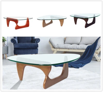 Mesa de centro estilo Noguch-i con base de madera maciza 0,47" mesa de cóctel triangular de vidrio Foto 1 de 4