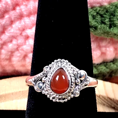 Anillo de plata de ley 925 y piedras preciosas de cornalina naranja-pequeña pera-talla 9 Foto 1 de 4