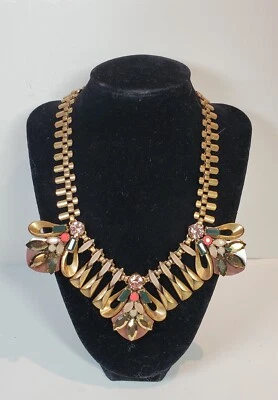 J CREW Necklace Statement Geometric Bee, Antique Brass, Crystal ,Taupe, Peach - Image 1 of 4