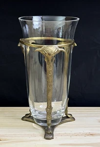 Vintage MCM Brass 3 Rams Head Vase Stand Art Nouveau and Clear glass vase - Picture 1 of 18