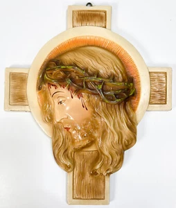 Chalkware Jesus Crown of Thorns Cross VTG Wall Plaque Hanging Catholic Religious - Picture 1 of 8