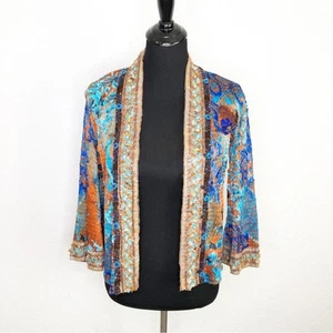 Alberto Makali blue orange floral open front beaded kimono jacket size Small - Picture 1 of 16