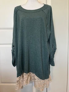 LOGO by Lori Goldstein Damen grün Tunika Top Größe 3X beige Spitzensaum Riegelärmel - Bild 1 von 8