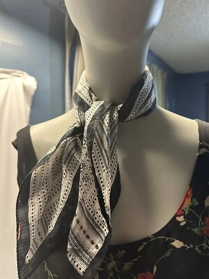 AK Anne Klein Classic Vintage 100% Silk Scarf Asymmetric Print Black & White - Image 1 of 4