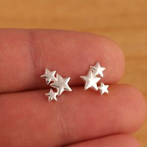 Solid 925 Sterling Silver Triple Star Stud Earrings Gift Boxed