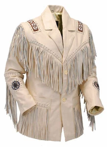 Men's New Western Cowboy Biker Leather Jacket coat with fringe and beads - Picture 1 of 3