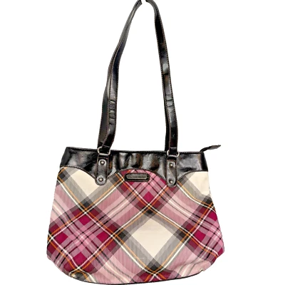 Jaclyn Smith Plaid Tote Purple Brown Vegan Leather Shoulder Bag 13"x12"x4" GUC- - Image 1 of 4