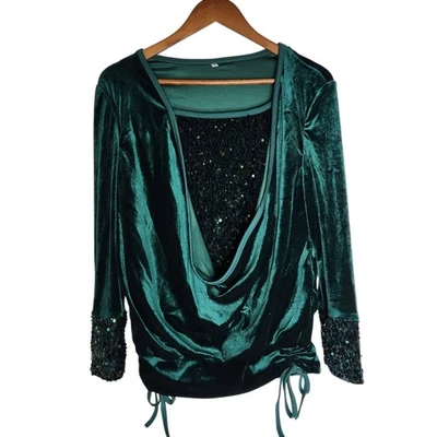 Lantejoulas femininas de veludo verde escuro drapeadas em camadas glam elegante festa de férias tamanho M - Imagem 1 de 4