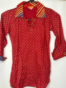 Top Kurti para niños estampado rojo de Jaipur talla 7 - cuello y puño colorido - Imagen 1 de 3