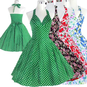 Vintage 50s 60s 70s Swing Retro Rockabilly Dress Cotton Floral Ball Party Dress - Picture 1 of 34
