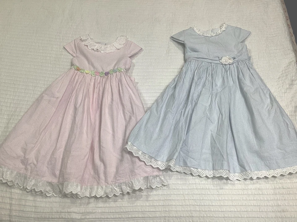 De Colección Laura Ashley Niñas Rayas Seersucker 2 Vestidos Talla 6X Pascua Foto 1 de 4