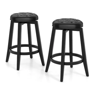 26" Swivel Bar Stool Set of 2 w/ Rubber Wood Frame & Tufted Seat Footrest Black - Picture 1 of 8
