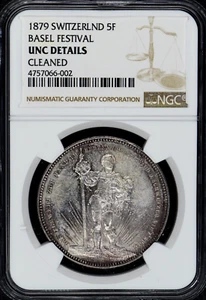 1879 Switzerland 5 Franc Basel Festival NGC UNC Details Cleaned - Picture 1 of 4