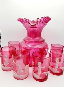 Vintage Fenton Hand-painted Cranberry Water Set girl with bird & boy fishing - Picture 1 of 12