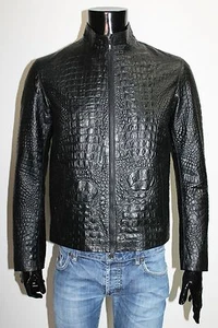 ITALIAN HANDMADE MEN LEATHER SLIM FIT BLOUSON JACKET CROCODILE BLACK M - Picture 1 of 5