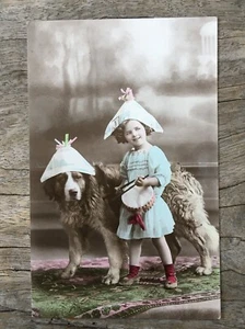 YOUNG DRUMMER GIRL & DOG  tinted real photo postcard. DUNGOG, NSW c1900s - Bild 1 von 3