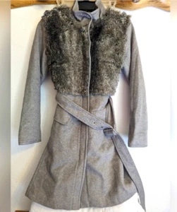 Vince Camuto Faux Fur Bodice Funnel Neck Belted Wool Coat Ladies Size Small - Picture 1 of 13