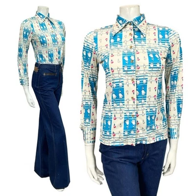 VTG 60S 70S WHITE BLUE PINK GEOMETRIC OP ART FLORAL DAGGER COLLAR SHIRT XS 6 - Image 1 of 4